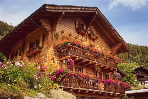 Traditional Wooden House In Alpine Village Grimentz Switzerland Stock