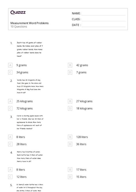 Measurement Word Problems Worksheets On Quizizz Free Printable