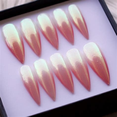 Nude Pink Aurora Press On Nails Haley Beiber Style Ombre Fake Nails