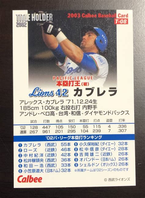 カルビープロ野球チップス2003 タイトルホルダーカード T 08 カブレラ サイン2003年～｜売買されたオークション情報、yahooの