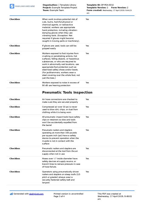 Pneumatic Tools Inspection Checklist Free And Editable Checklist