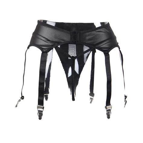 Sex Metallic Faux Leather Latex Garter Belt Suspender Set With G String