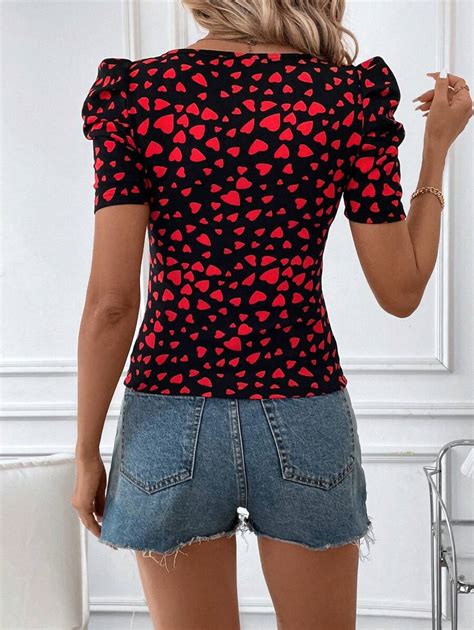 Shein Clasi Women S Heart Pattern Puff Sleeve T Shirt Shein Singapore