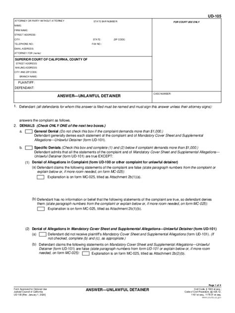 Ud Answer Unlawful Detainer Form Fill Out And Sign Printable Pdf