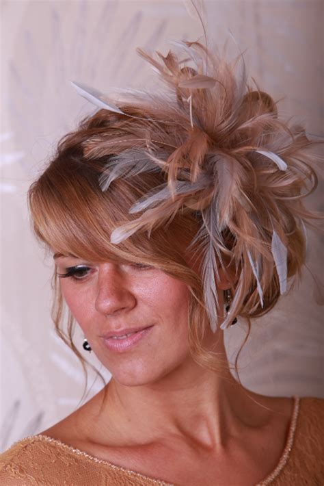 Taupe Nude Satin And Feathers With Grey Highlights Small Feather Fascinator Hat Abbie