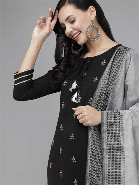 Buy Indo Era Women Black Floral Embroidered Regular Kurta With Palazzos