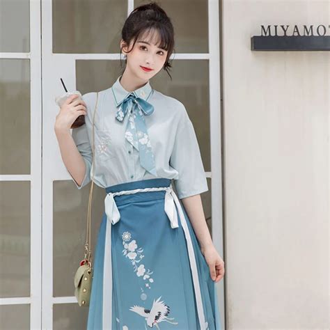 Modern Ming Style Mamian Costume Girl Blue Hanfu Dress Newhanfu