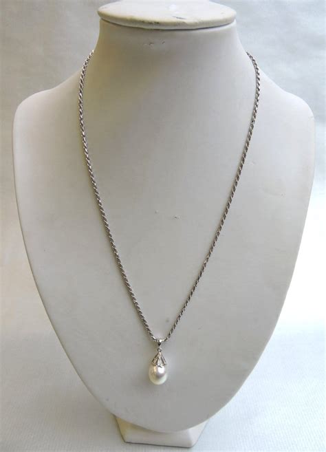 Vintage Pearl & Diamond Teardrop 14k Pendant with 18k White Gold Necklace