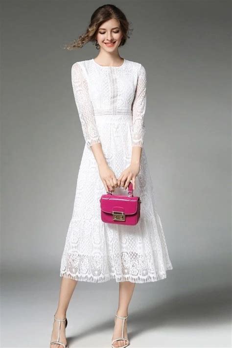 White Three Quarters Length Sleeves Hollow Out Lace Dress Lace