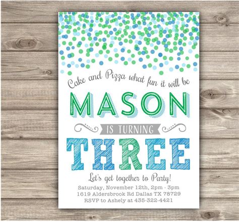 3rd birthday Invitations Printable Three Blue Green Grey