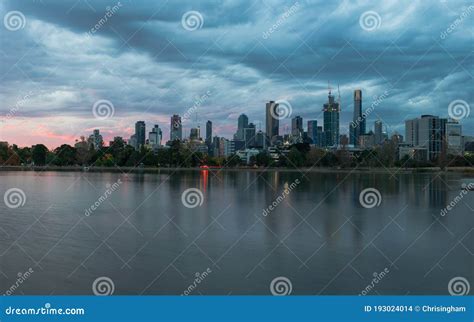 Moody Melbourne Sunset At Albert Park Lake Editorial Stock Image