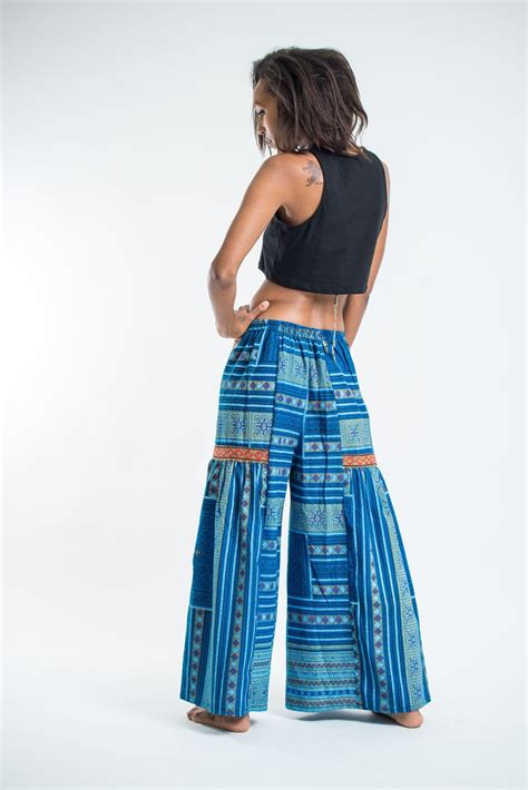 Traditonal Prints Thai Hill Tribe Fabric Womens Palazzo Pants Blue