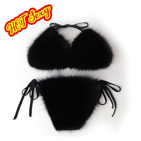 Sexy Women Swimsuit Real Fox Fur Reflective Bikini Fur Bra Lady