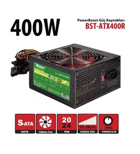 PowerBoost BST-ATX400R 400w, PPFC 12cm Siyah Fanlı ATX PSU Power kablo ...