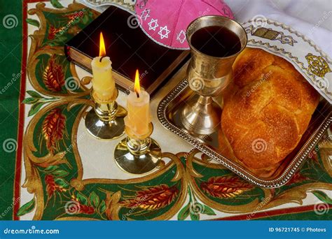 Shabbat Shalom Challah With Glass Of Wine And Book On Yellow Background Not Copy Space