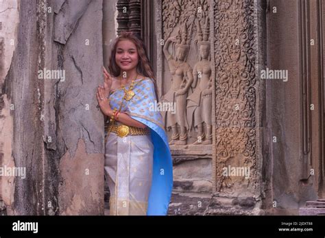 Beautiful Cambodian Woman In Traditional Clothing At Angkor Wat Angkor