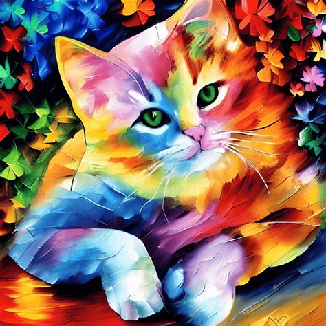 Rainbow Cat With Pink Flower By Leonid Afremov Creative Fabrica