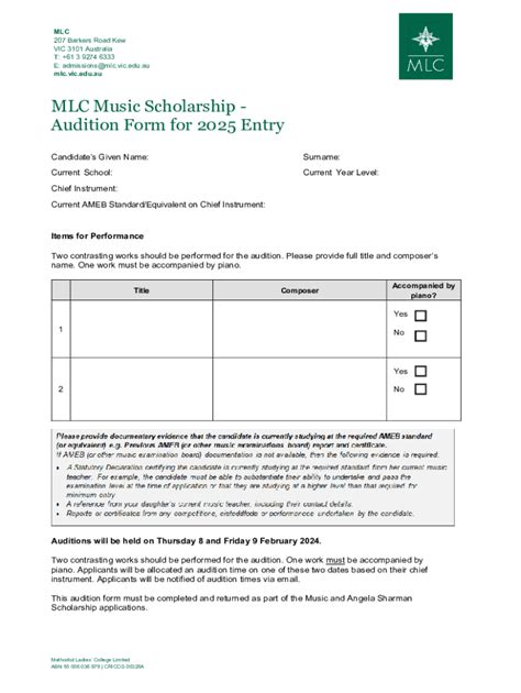 Fillable Online Mlc Music Scholarship Audition Form Fax Email Print