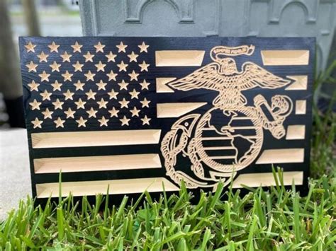 Usmc Custom Engraved Wood Flag Etsy