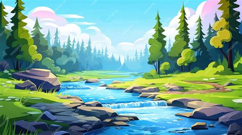 Premium AI Image | River landscape illustration in cartoon stile