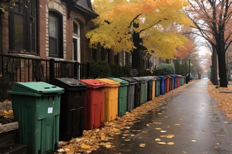 Recycling Bins And Garbage Cans Neatly Lined Up Stock Illustration