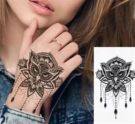 Tatuagem Tempor Ria Coruja Flor Lotus Tattoo Fake Realista