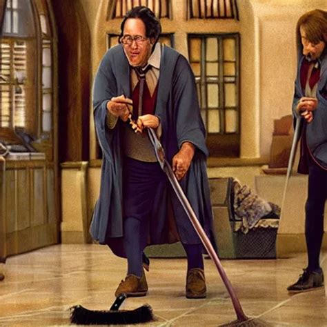 Movie Still Of Chevy Chase Comically Flying A Broom In Stable