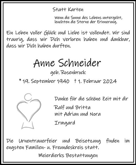 Traueranzeigen Von Anne Schneider Trauer Gedenken