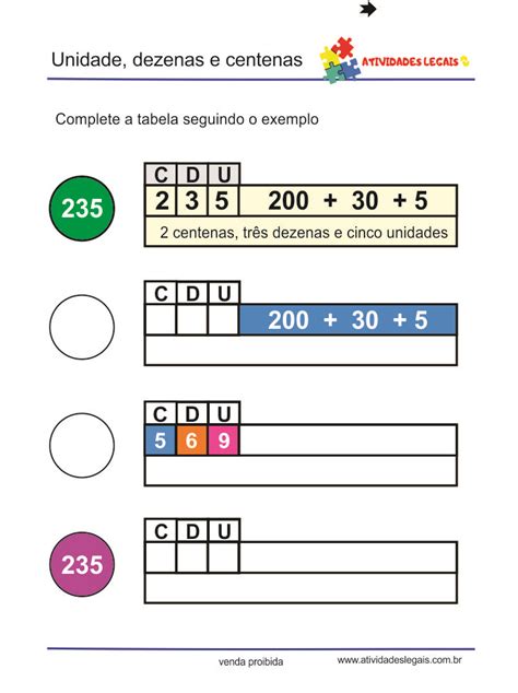 Exercícios Unidade dezena centena e milhar e Quadro de Valor