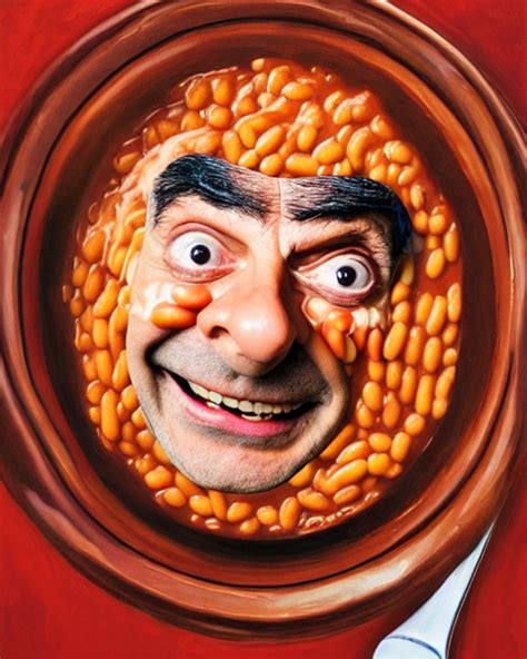 Krea Ai Portrait Of Mr Bean Smiling In A Bowl Full Of Bake