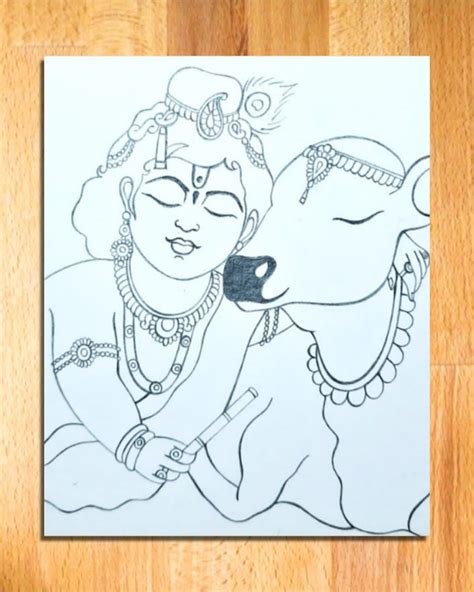 Shree Krishna Drawing with Cow | Easy Krishna Drawing | Lord Krishna ...