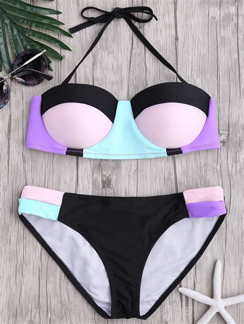 89 OFF Halter Color Block Bikini Swimwear Rosegal