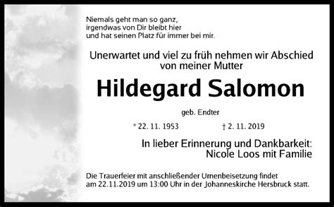 Traueranzeigen Von Hildegard Salomon Trauer Nn De