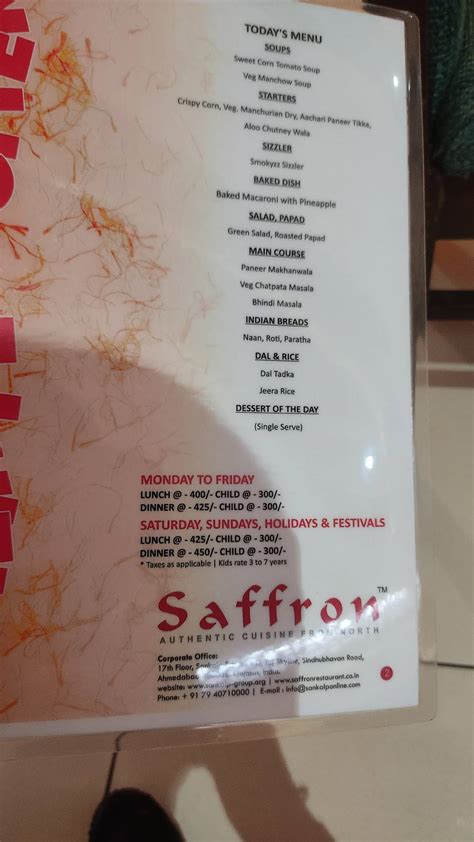 Menu At Saffron Restaurant Ahmedabad 101 Silver Radiance