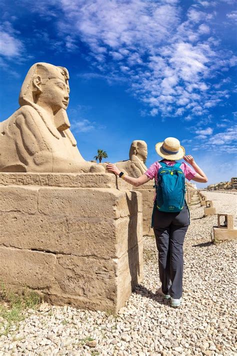 Woman Tourist At Sphinx Allee In Luxor Stock Image Image Of Karnak