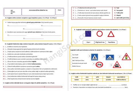 4 Sınıf Trafik Güvenliği 1 Dönem 1 Yazılı Soruları 2019 Güncel