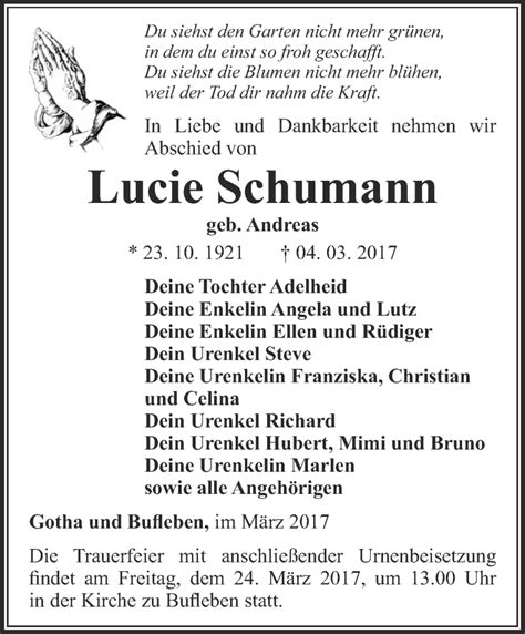 Traueranzeigen Von Lucie Schumann Trauer In Thueringen De