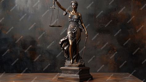 Bronze Statue Of Lady Justice Holding Scales And Sword On Dark