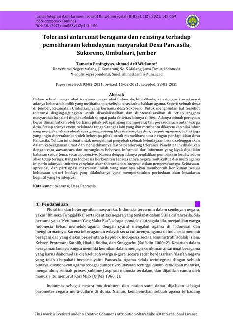 Pdf Toleransi Antarumat Beragama Dan Relasinya Terhadap Pemeliharaan