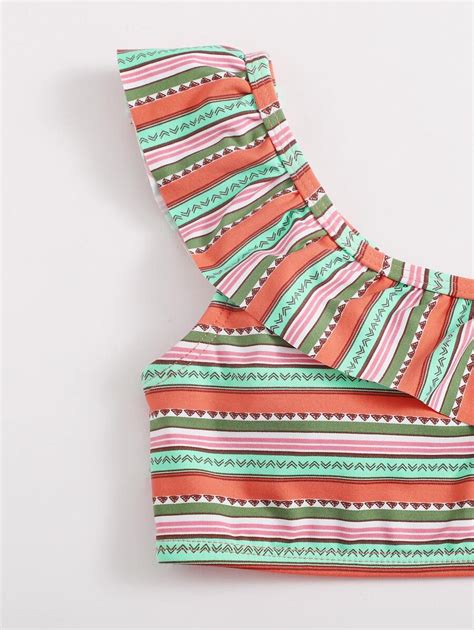 Conjunto de Maiô Bikini de Babado Listrado para Meninas Pré Adolescentes Praia de Verão SHEIN