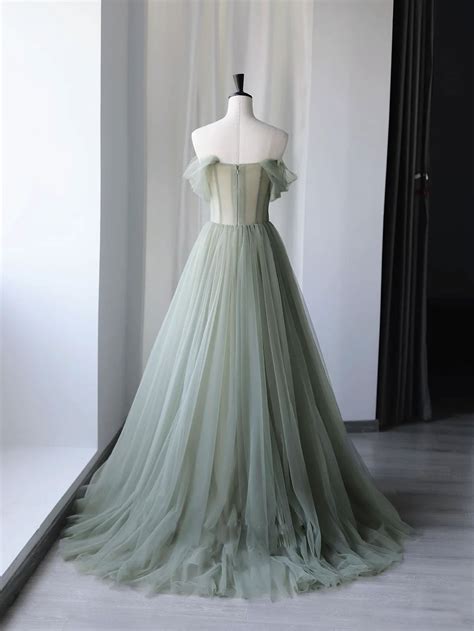 A-Line Tulle Green Long Prom Dress, Green Tulle Formal Dress with Sequ ...