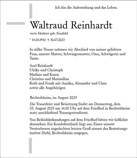 Traueranzeigen Von Waltraud Reinhardt Vrm Trauer De