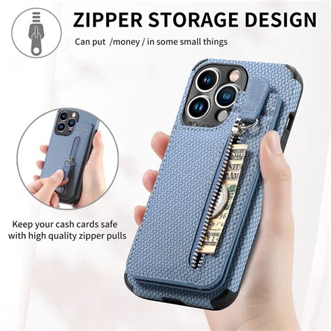 Carbon Fiber Vertical Flip Zipper Phone Case For iPhone 13 Pro (Blue ...