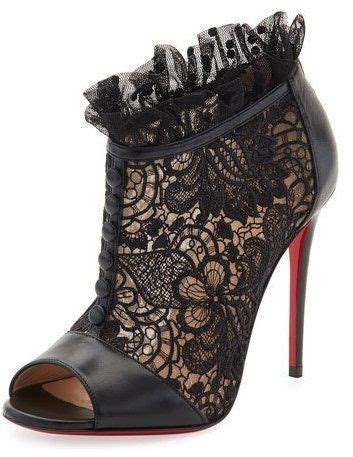 Christian Louboutin Henrietta Lace Peep Toe Red Sole Bootie Black