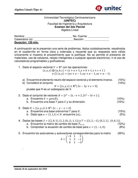 485205464 Segundo Examen Algebra Lineal Unitec Pdf Algebra Lineal