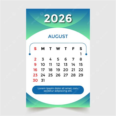 Monthly Calendar August Month 2026 Vector Template Download on Pngtree