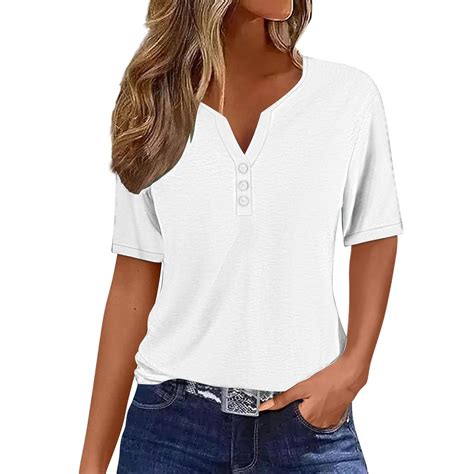 Posijego Plain Tshirts For Women V Neck Button Short Sleeve Tops Women