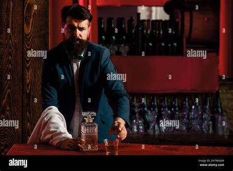 Bearded Barman Waiter Standing On Bar Background Stock Photo Alamy