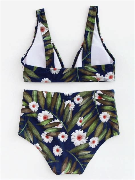 Calico Print High Waist Plunge Bikini Set SheIn Sheinside