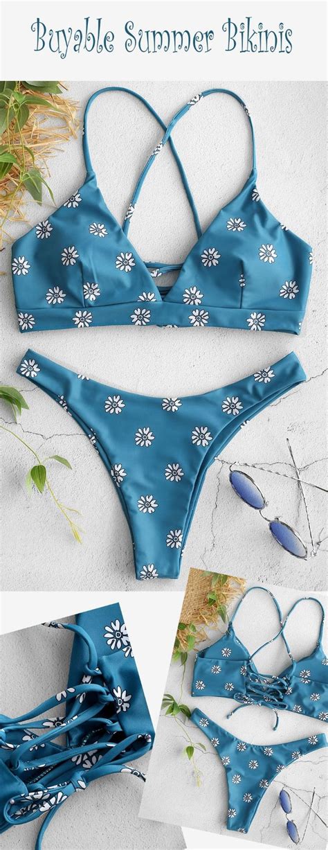 Peacock Blue Floral Lace Up Bikini Set Swimwear Bathing Suit Two